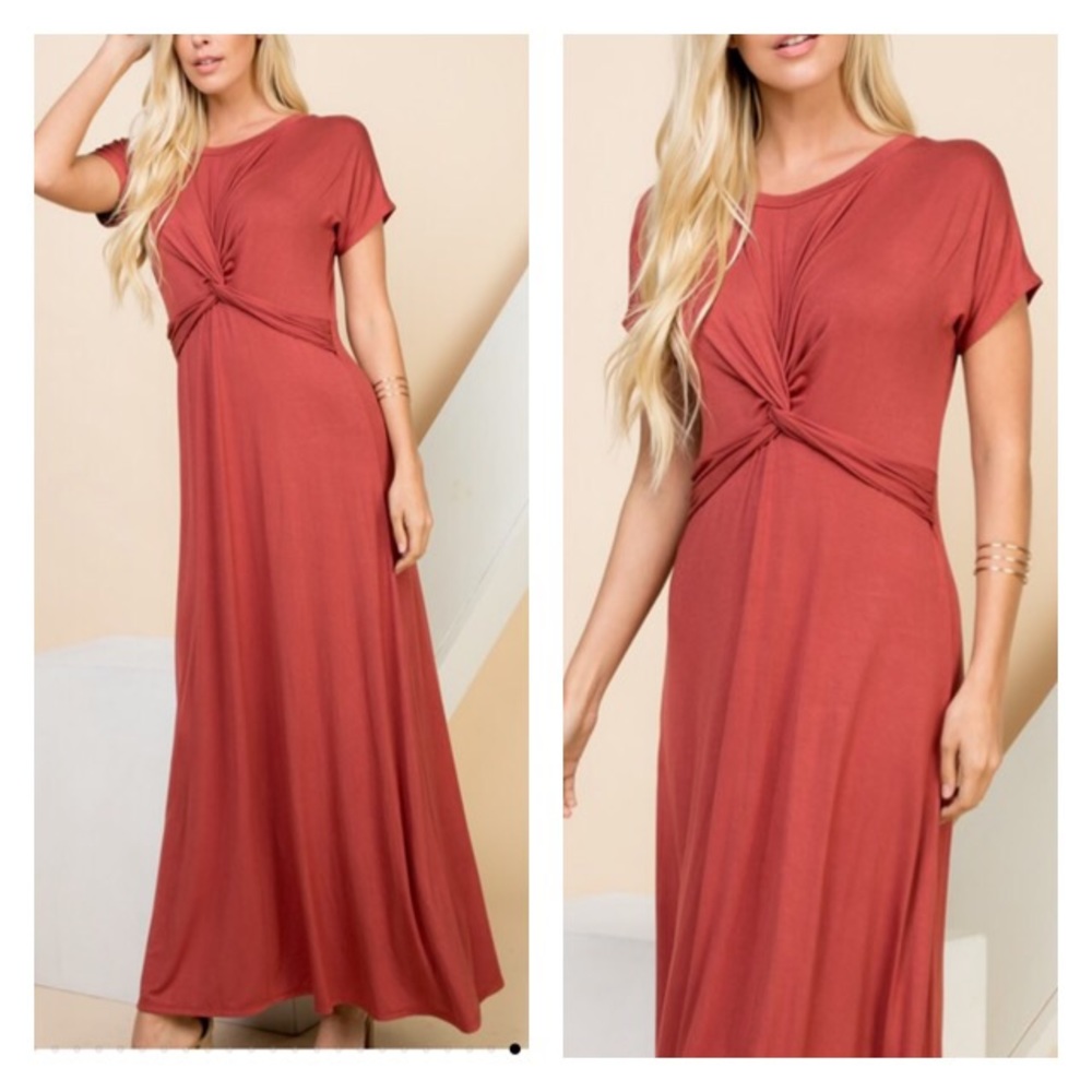 Brick Short Sleeve Knotted Maxi Dress - Picture 1 of 2